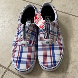 Red and blue plaid Vans